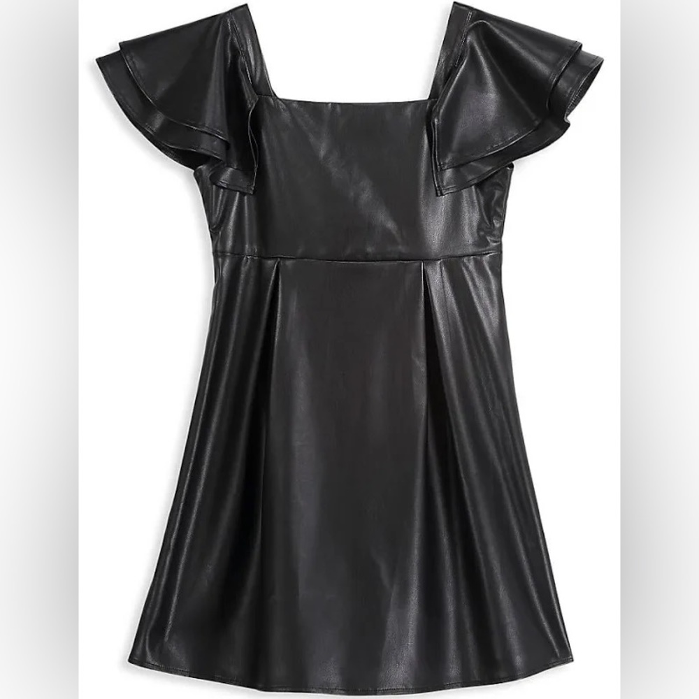 Girl's Faux Leather Flutter Sleeve Dress